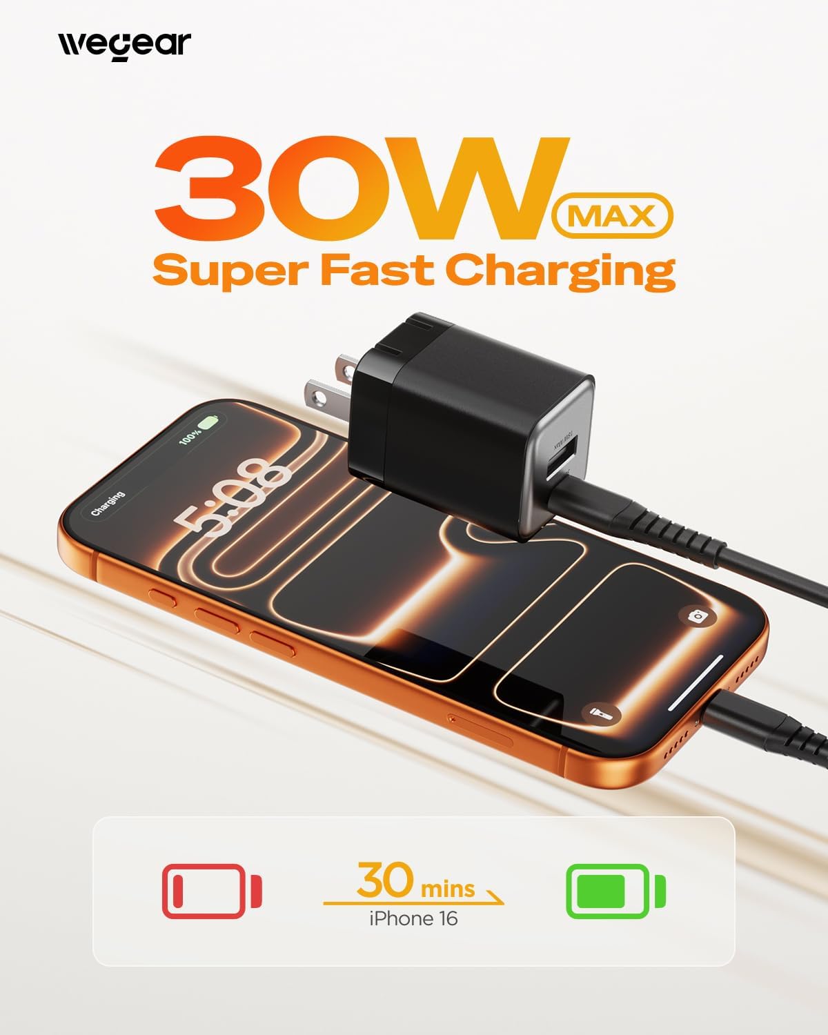 wegear 30W Nano Charger (2 Ports) 2Pack with Cable Black