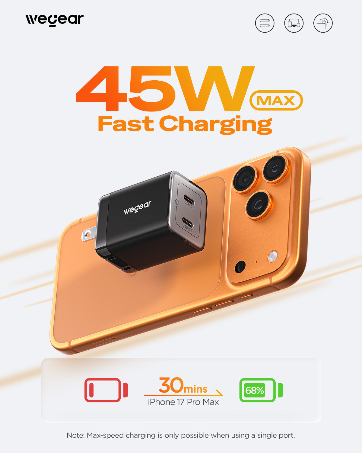 wegear PA1205 45W Nano USB-C  Charger (2 Ports) Black