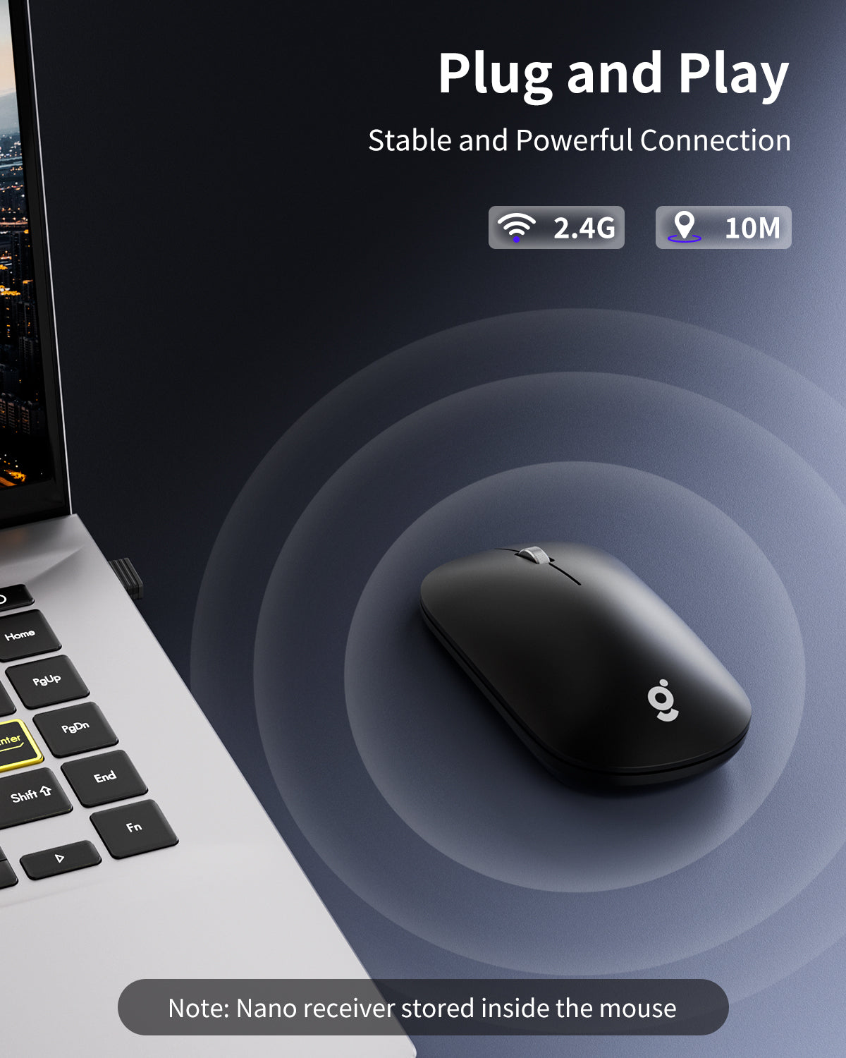 USB Wireless Mouse, 2.4G Silent Slim Cordless Computer Mouse with Metal Scroll, 1600 DPI & 24-Month Battery Life, Small Portable Optical Computer Mice for Windows macOS iPadOS Android Laptop PC