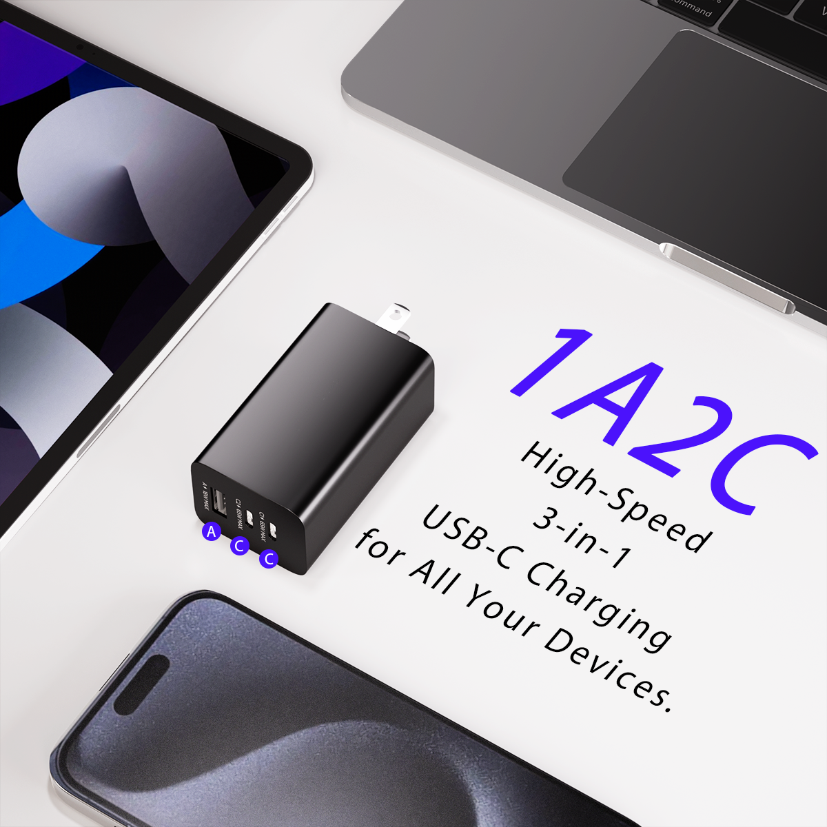 USB C Charger Block 65W Fast Charging, 3-Port USB C Charger with 5FT Cable, Foldable Plug Design for Travel, USB Charger Block Compatible with MacBook, Tablet, 16/15/14/Pro, Galaxy S24 and More
