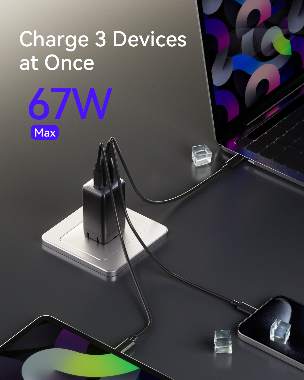 USB C Charger, 67W Max Charger, 3-Port GaN Fast Compact Foldable Charger for MacBook Pro/Air, Dell XPS,iPad Pro,iPhone 15 Pro Max/14/13,Galaxy S24/S23, Note 20/10+, Steam Deck