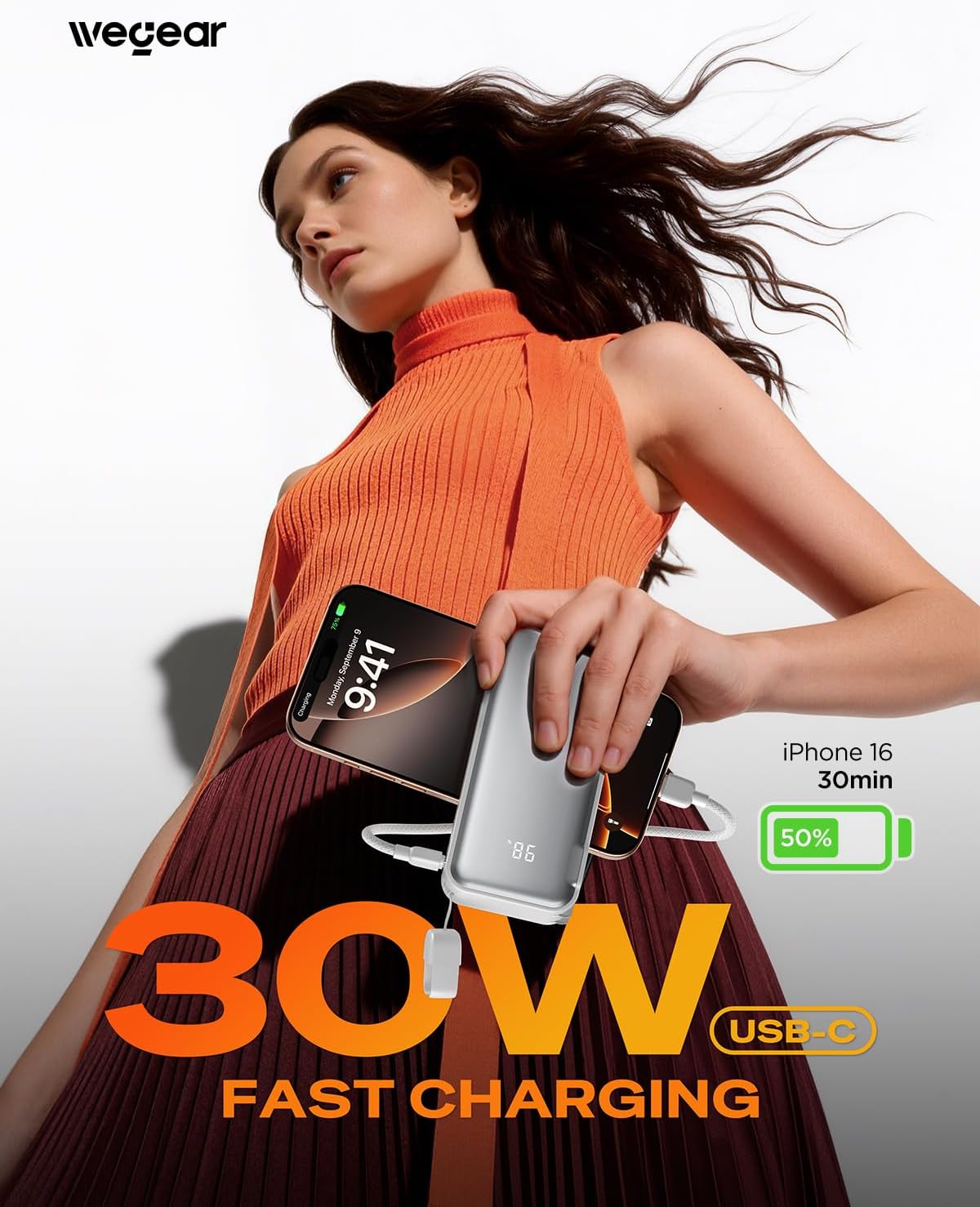 wegear 3-in-1 Portable Charger, 10,000mAh 30W Dual USB-C Ports Power Bank