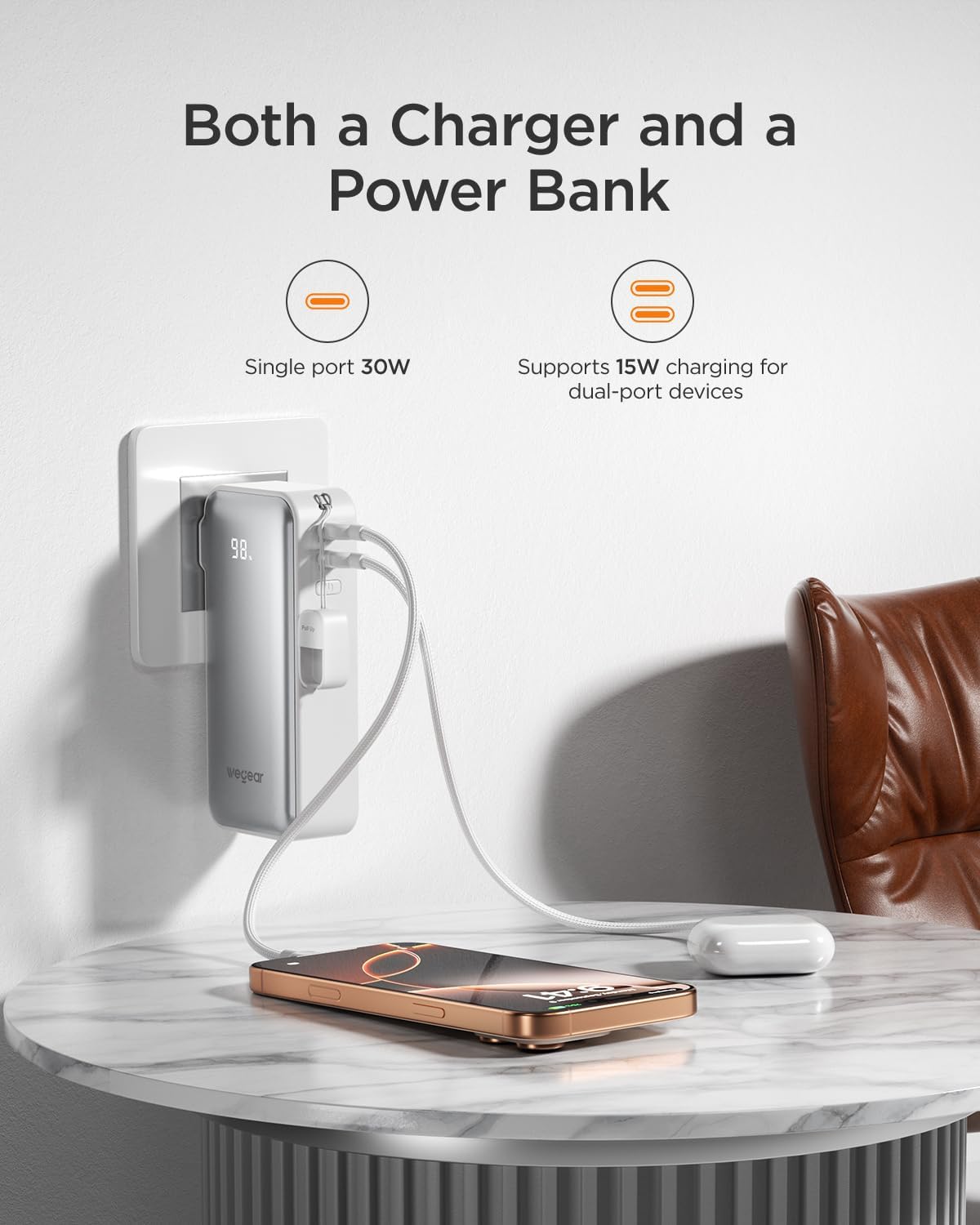 wegear 3-in-1 Portable Charger, 10,000mAh 30W Dual USB-C Ports Power Bank