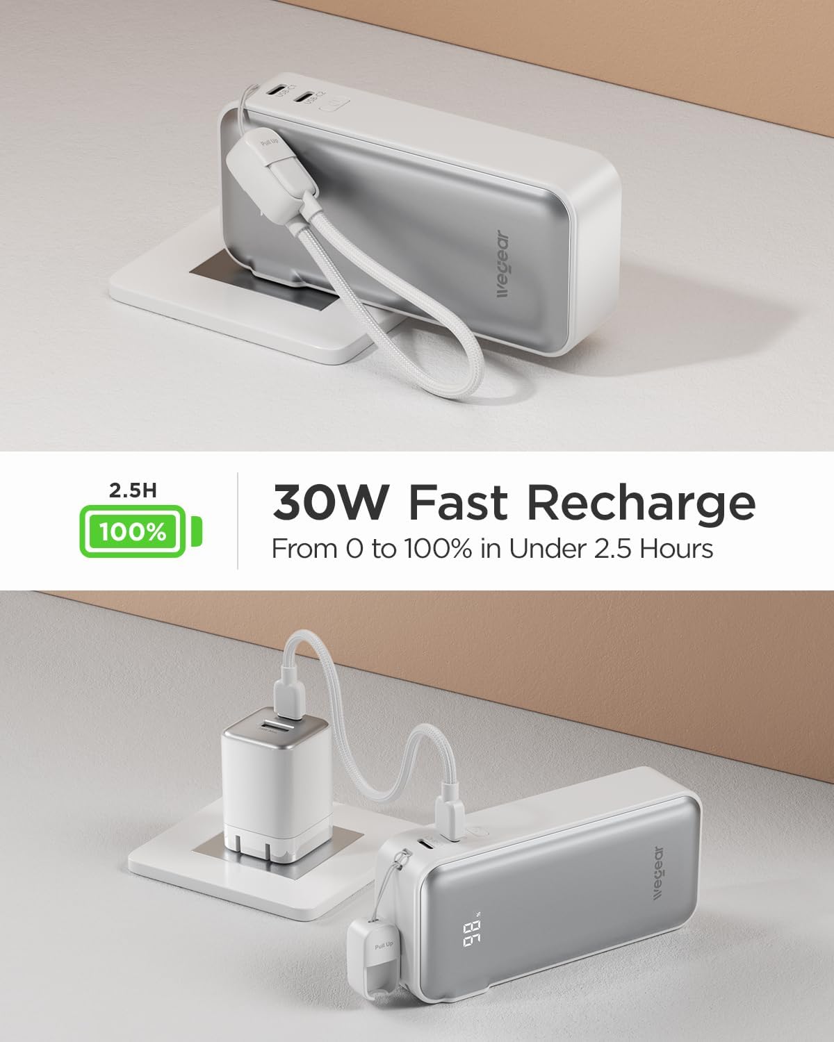 wegear 3-in-1 Portable Charger, 10,000mAh 30W Dual USB-C Ports Power Bank