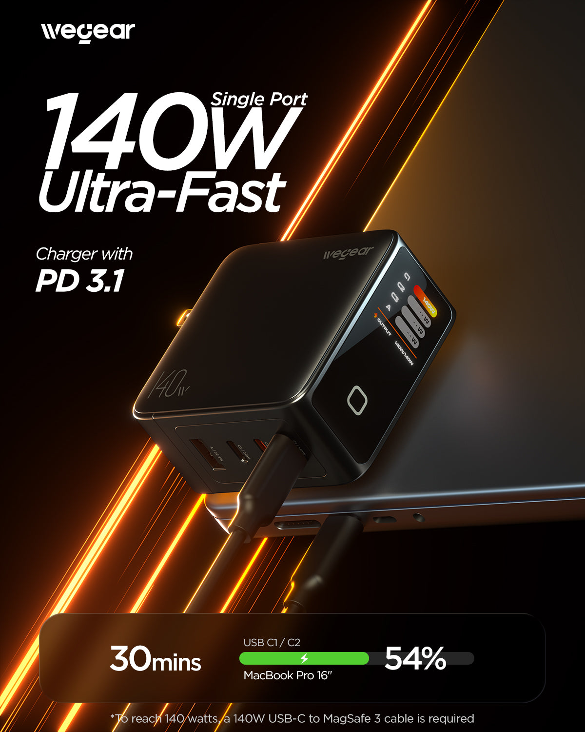 wegear 140W Charger(4-Port, PD3.1, Smart Display) with Cable